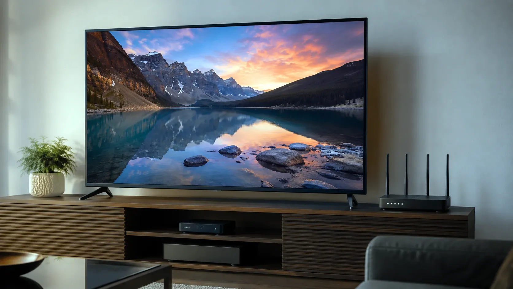 Routeur et box TV dans un meuble TV