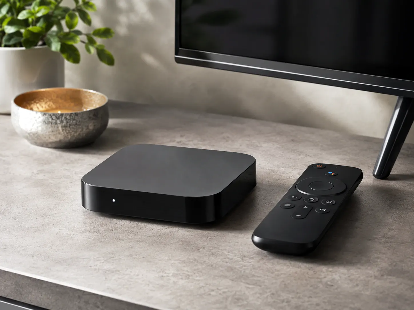 Box TV 4K polyvalente et télécommande en photographie produit