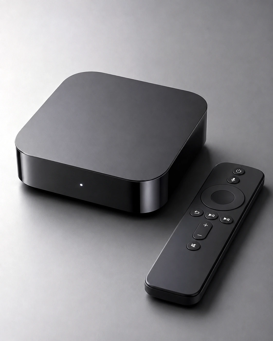 Box TV avec télécommande dans une mise en scène produit réaliste