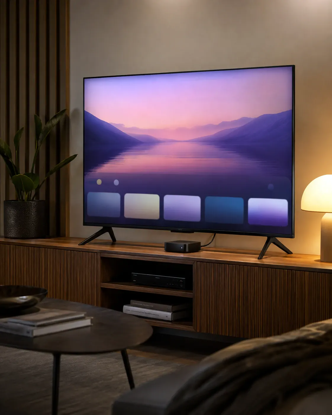 Téléviseur 4K, routeur et box TV dans une installation domestique