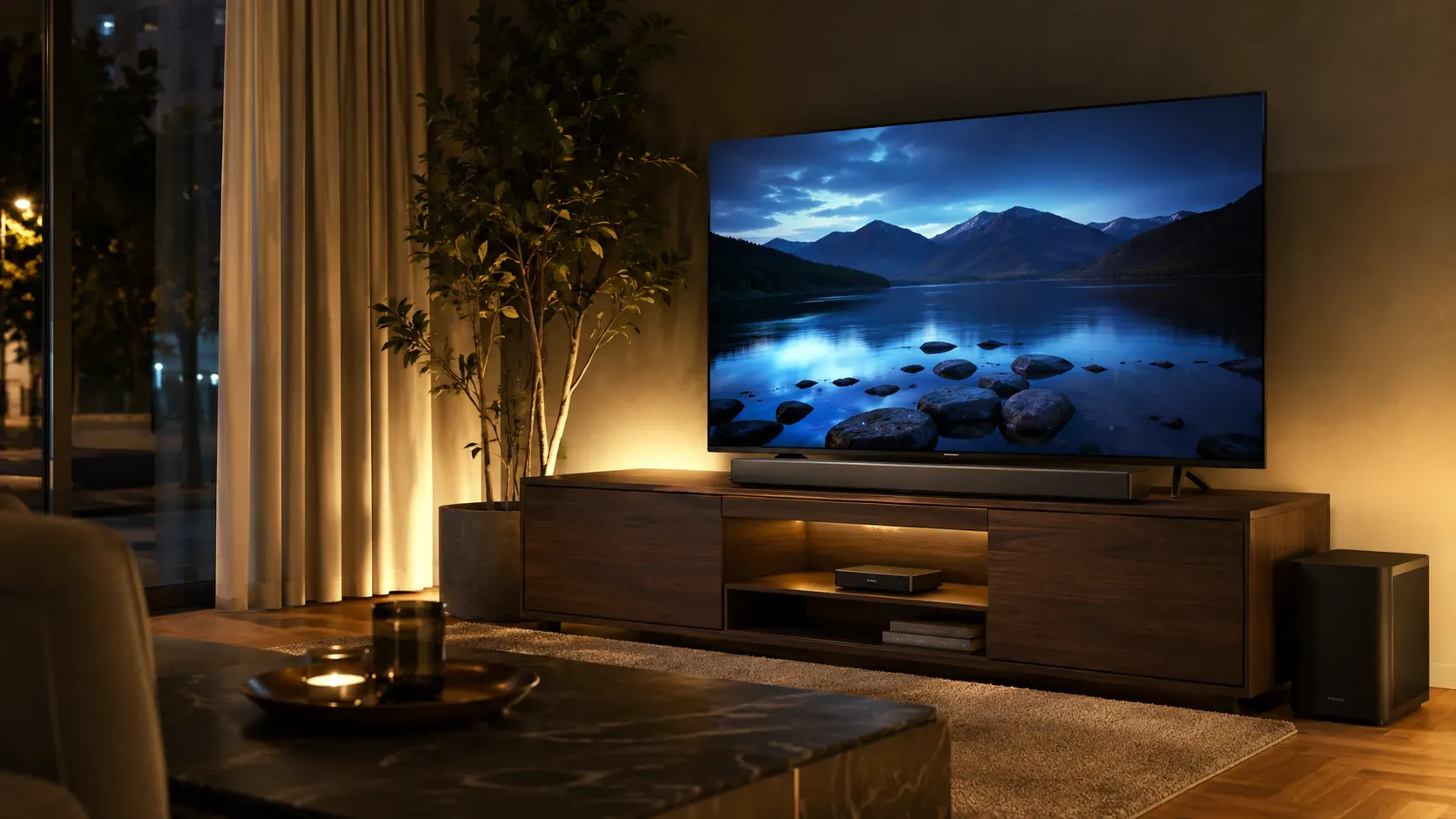Installation home cinéma avec téléviseur, système audio et box TV